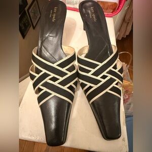 kate spade Black and Cream Woven Mule Heels